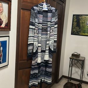 Free People Sweater. Blue, gray, white. Roughly 46” long. Size XS.